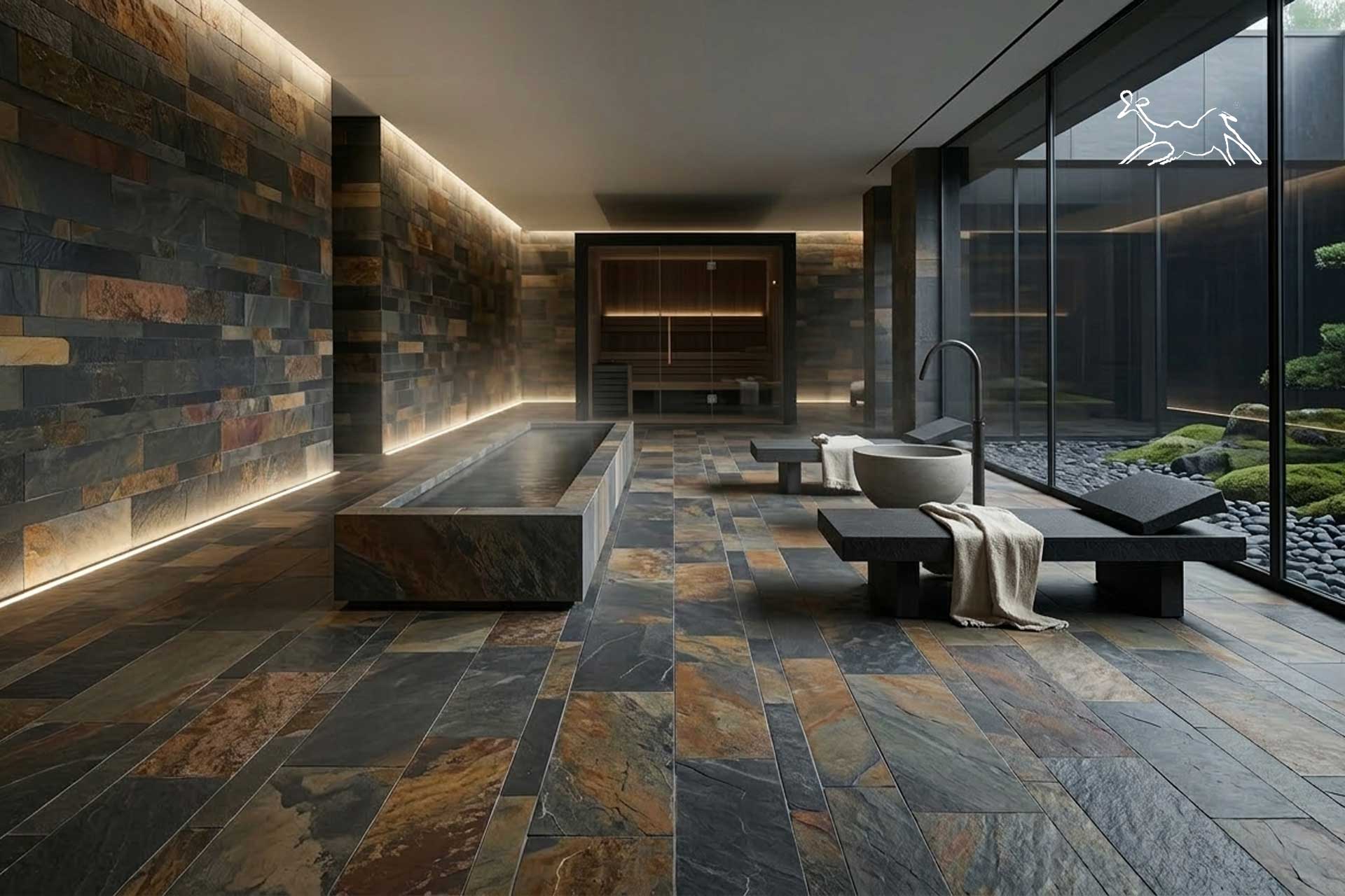 Parete interna centro benessere con rivestimento in ardesia per interni a Treviso