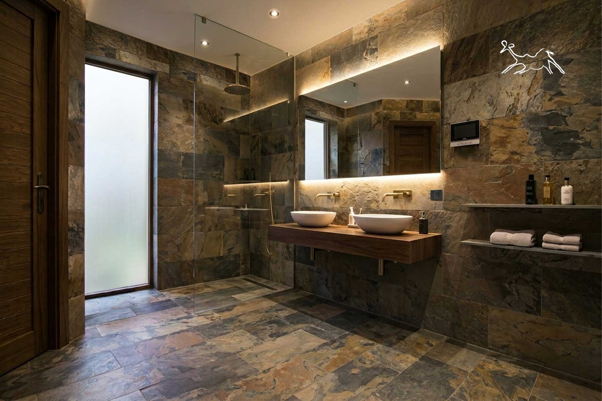 Rivestimento in ardesia variegata squadrata antimacchia su parete del bagno a Courmayeur, pietra naturale resistente e elegante