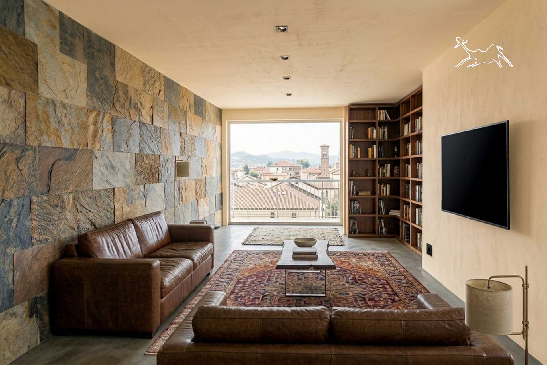 Rivestimento in ardesia variegata squadrata su parete del salotto a Novi Ligure, design moderno e colori naturali