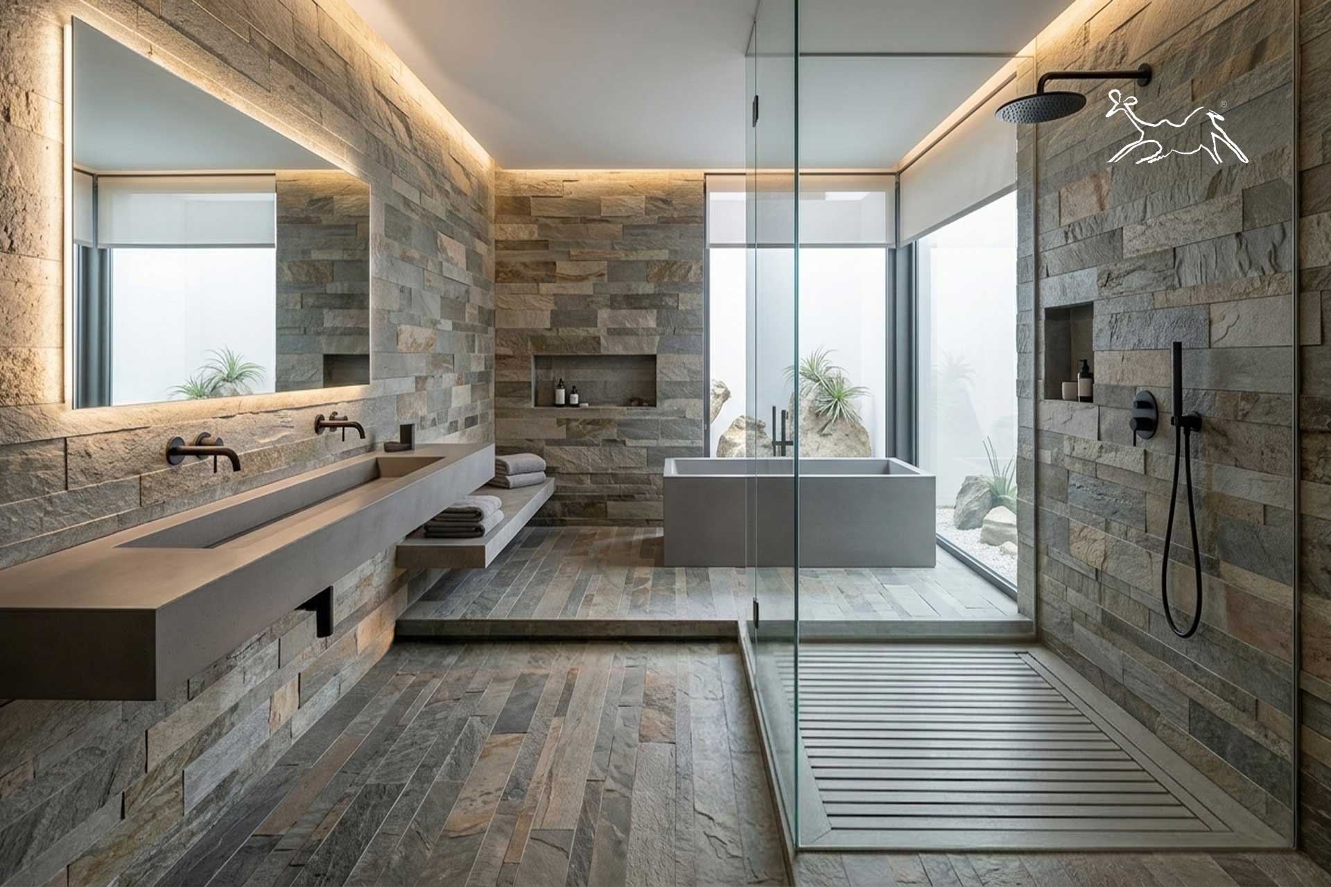 rivestimento in quarzite Silver e Gold per bagno spa con doccia emozionale a Desenzano