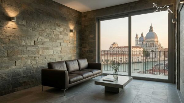 rivestimento in quarzite Silver e Gold per parete living in studio professionale a Venezia