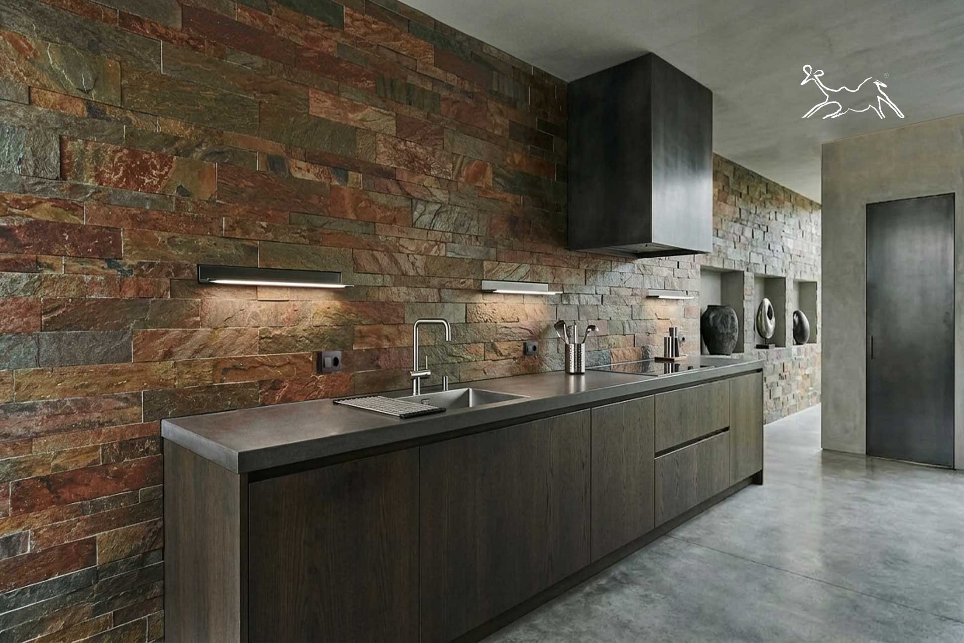 rivestimento in quarzite listelli Rame cucina Treviso parete pietra naturale