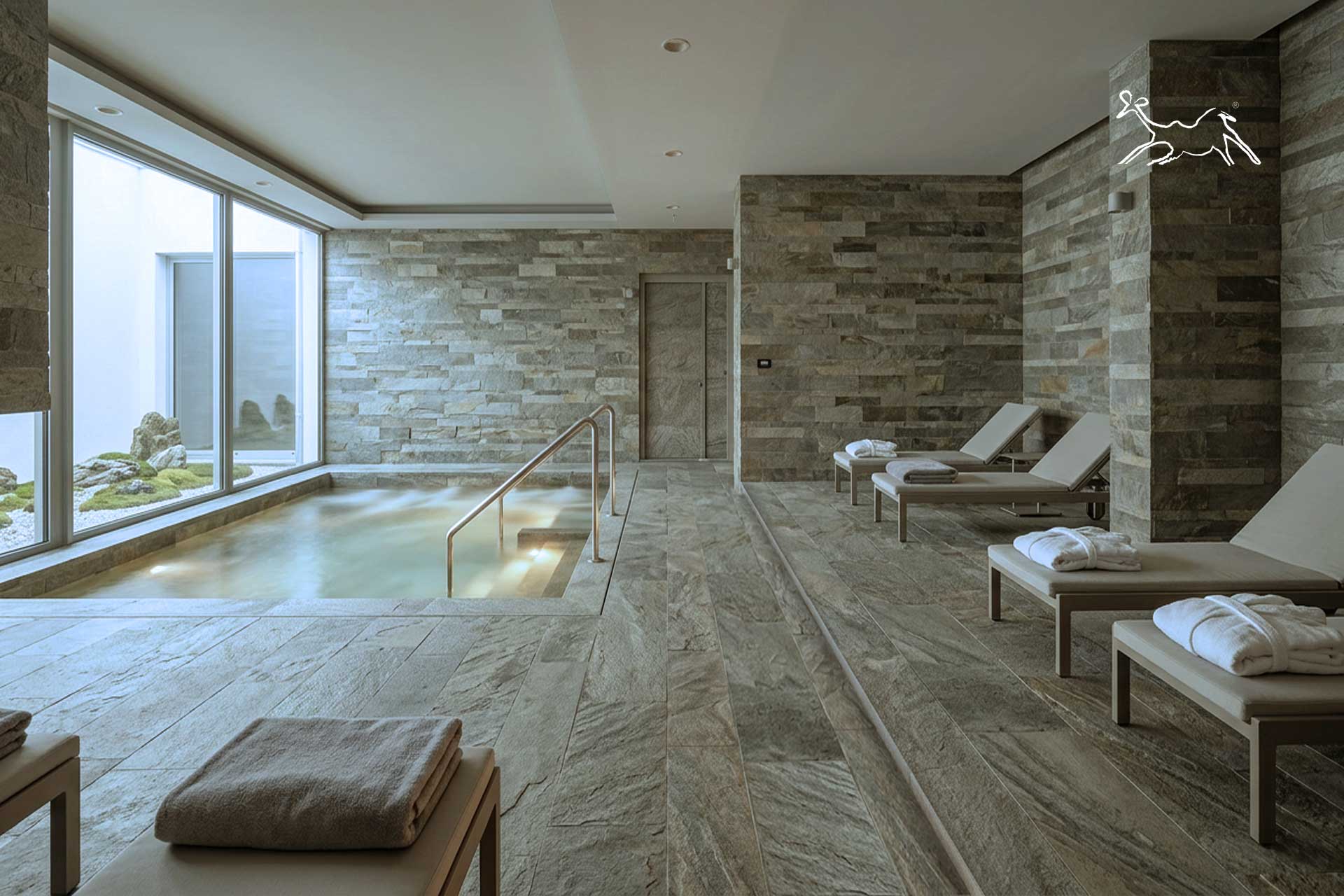 rivestimento in quarzite multicolor Silver e Gold in spa con piscina interna in Garfagnana