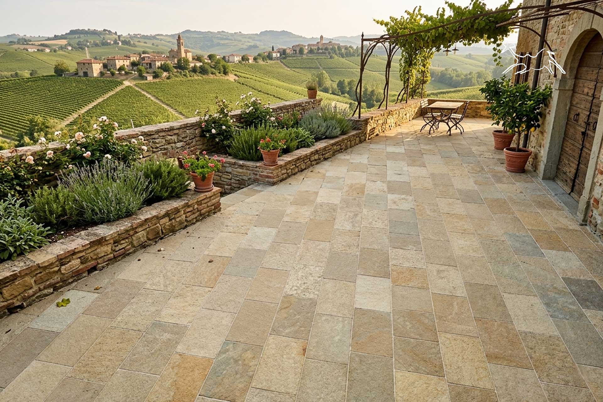 Pavimentazione esterna in pietra vera colore come pietra di Cortemilia a Barolo, pietra naturale color miele ideale per giardini, cortili e carrabile