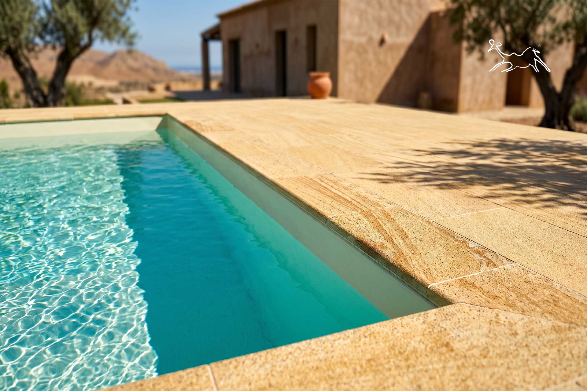 Dettaglio materico bordo piscina pietra naturale Wooden effetto legno venature realistiche finitura antiscivolo drenante The Stone Age Exclusive Silvano d’Orba Piemonte