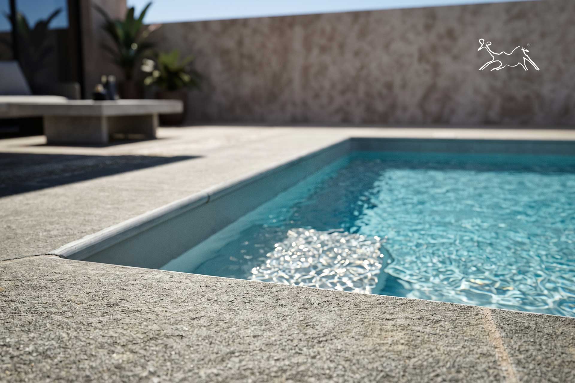 Bordo piscina in pietra Cenere visto frontalmente, con profilo arrotondato verso l’acqua e superficie lavorata antiscivolo