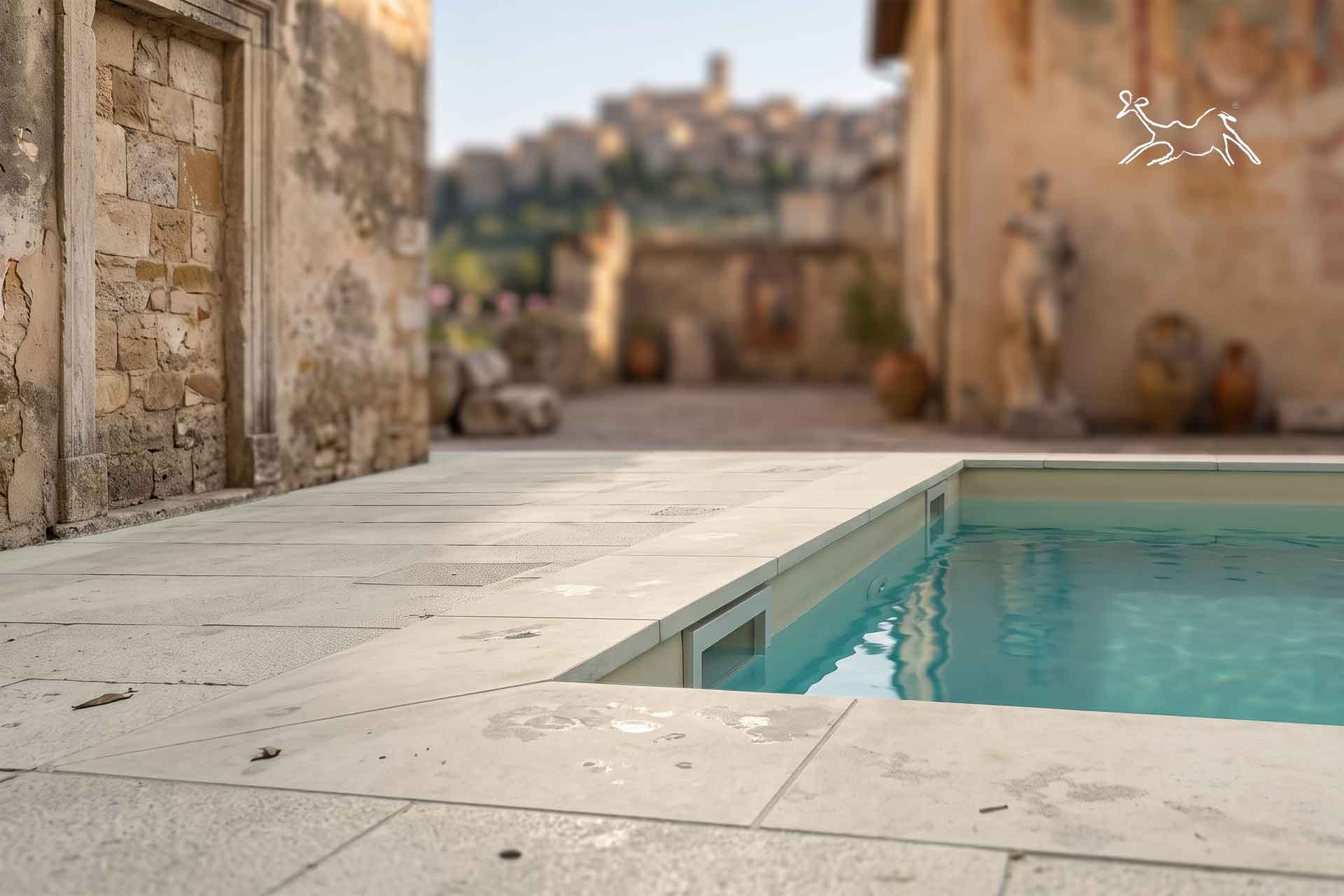 esempio di posa bordo piscina in pietra Venus Soft integrato con pavimentazione solarium per un effetto estetico continuo
