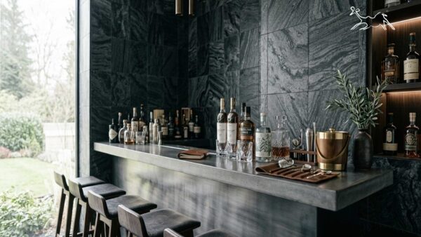 rivestimento in quarzite grigia squadrata su parete angolo bar a Milano