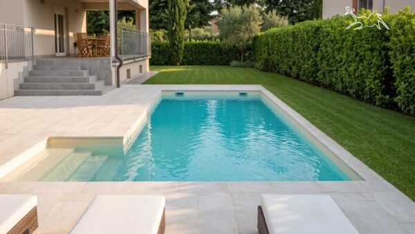 posa pavimentazione in pietra bianca atermica in villa privata cantiere di Pontecurone Alessandria, pavimento per piscina in pietra Venus