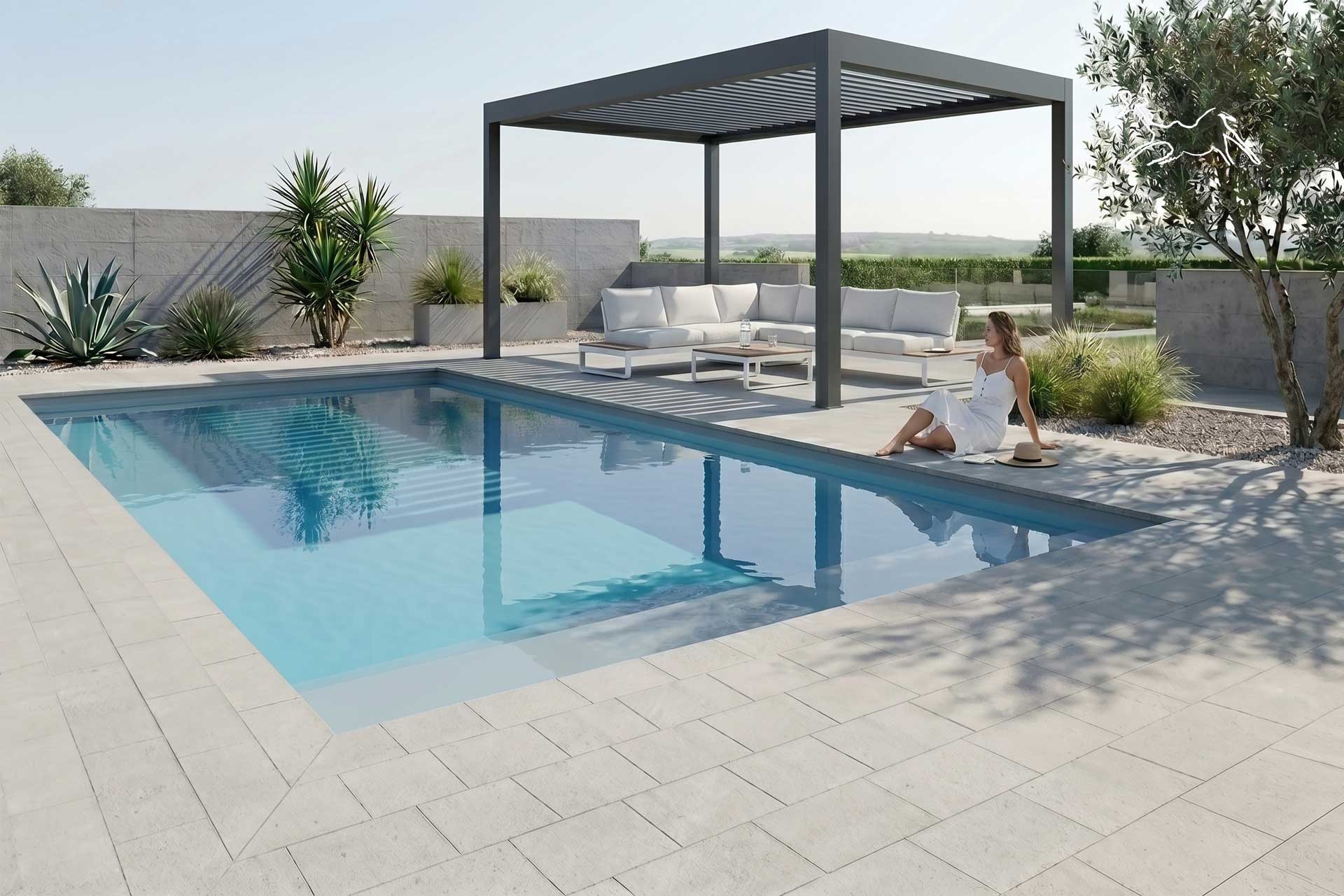 come pavimentare intorno alla piscina con pietra naturale resistente al calore e antiscivolo, realizzazione a in Salento