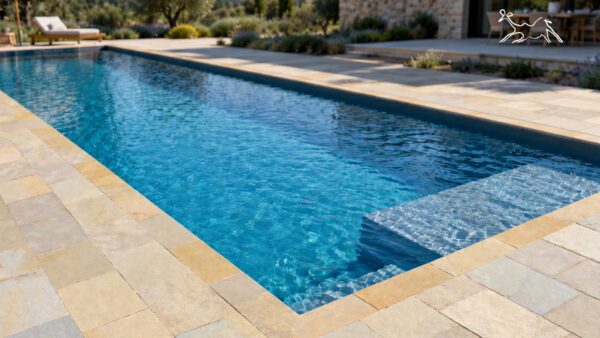 pavimentazione in pietra per bordo piscina e solarium antiscivolo realizzato a Santa Maria della Versa in provincia di Pavia