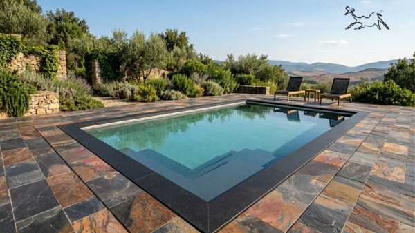 pavimento per piscina in ardesia naturale African Stone realizzato a Serralunga d’Alba in provincia di Cuneo